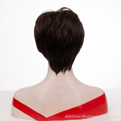 Wholesale heat resistant wig  stort dark brown fibre with natural bangs synthetic hair wig for women